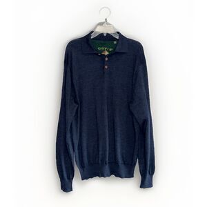 Orvis Mens 100% Wool Shirt Quarter Button Collar Polo Sweater Preppy Navy Large